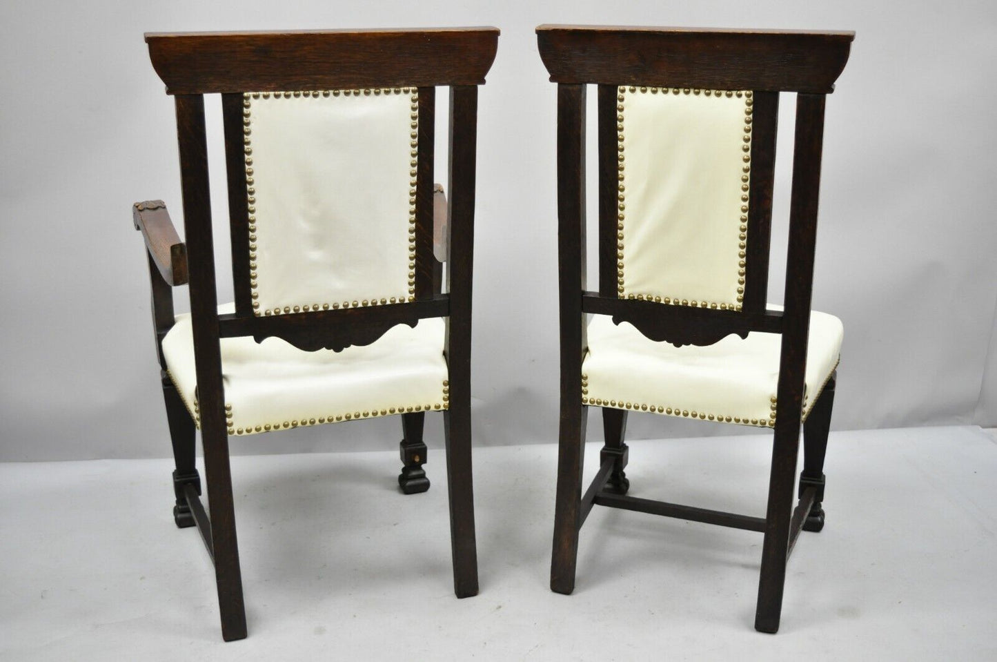 6 Antique Italian Renaissance Carved Oak Wood Upholstered Dining Chairs