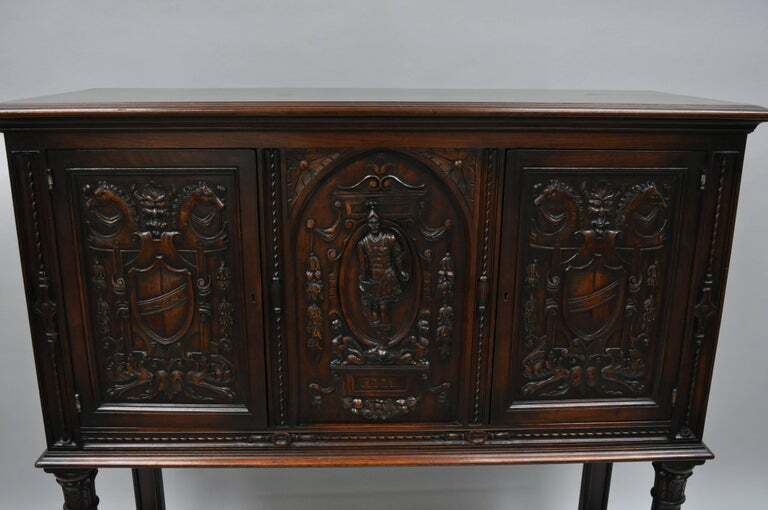 Antique Renaissance Revival Figural Carved Walnut Cabinet Sideboard Cupboard