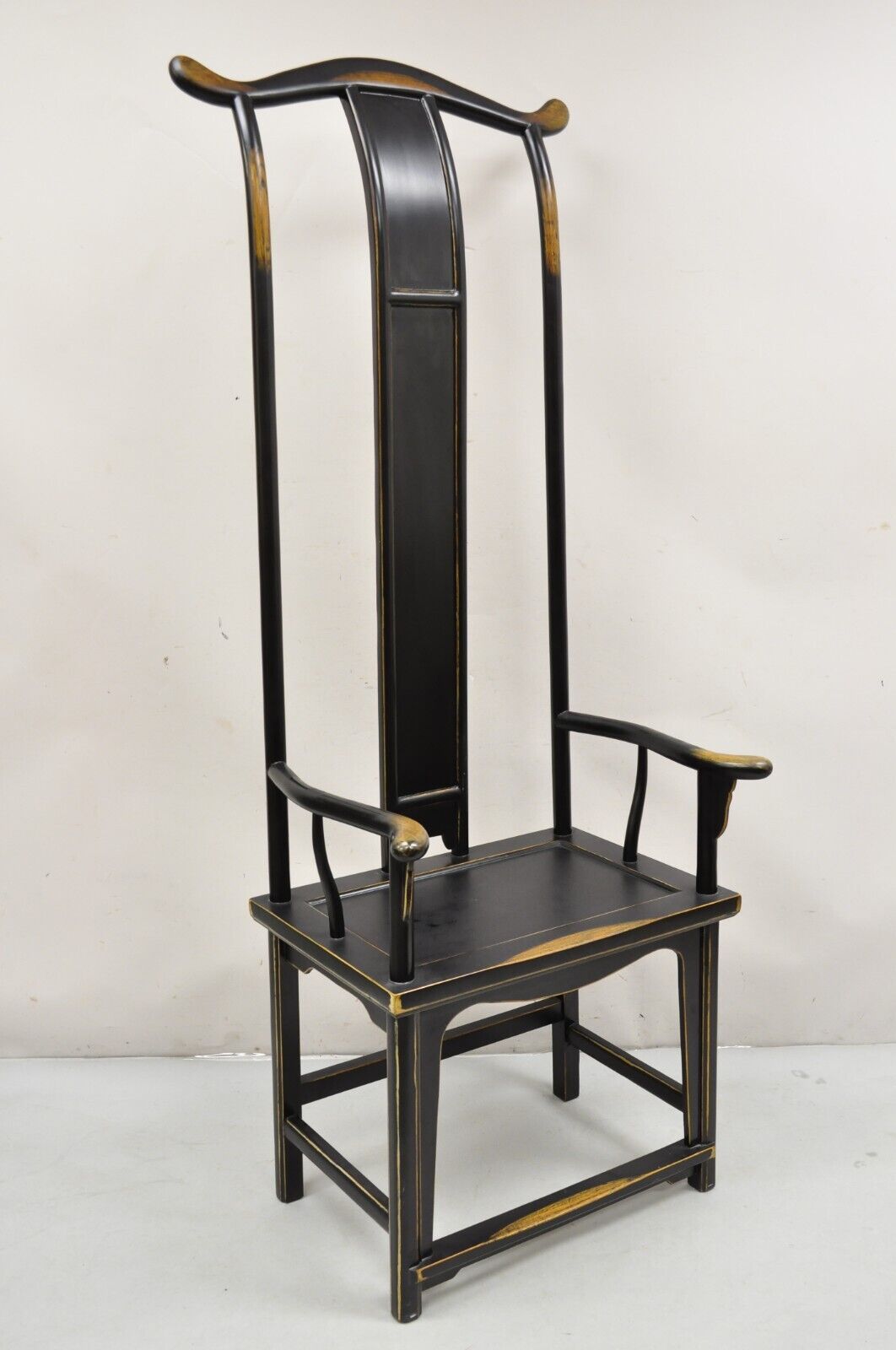 Chinese Ming Style Carved Wood High Back Black Throne Arm Chair