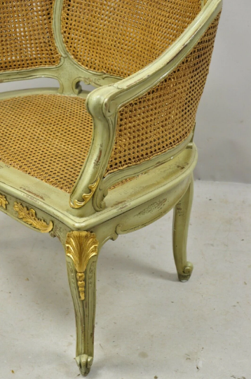 Antique French Louis XV Victorian Distressed Green Gold Gilt Cane Bergere Chair