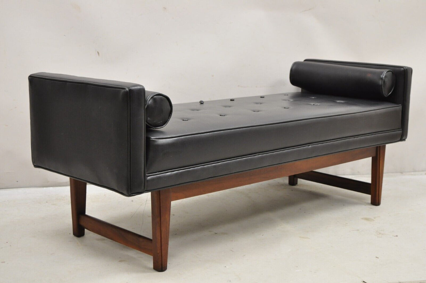 Vintage Selig Mid Century Modern Walnut Frame Upholstered Even Arm Black Bench