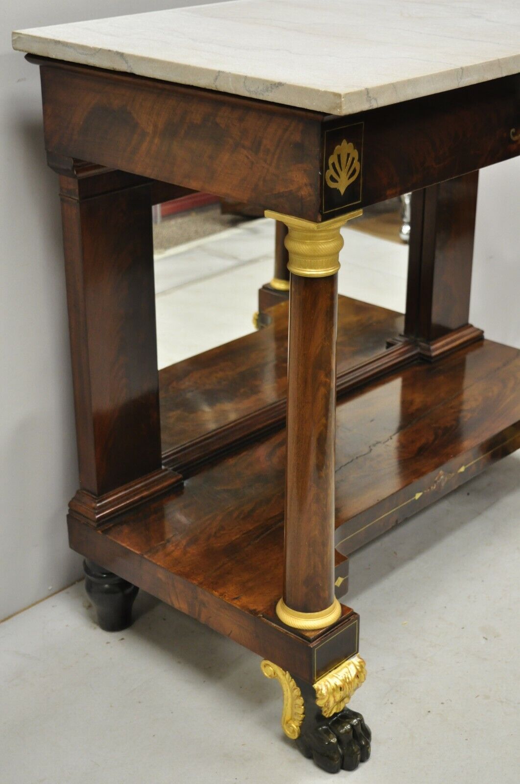 19th Century French Empire Marble Top Bronze Ormolu Paw Feet Console Hall Table