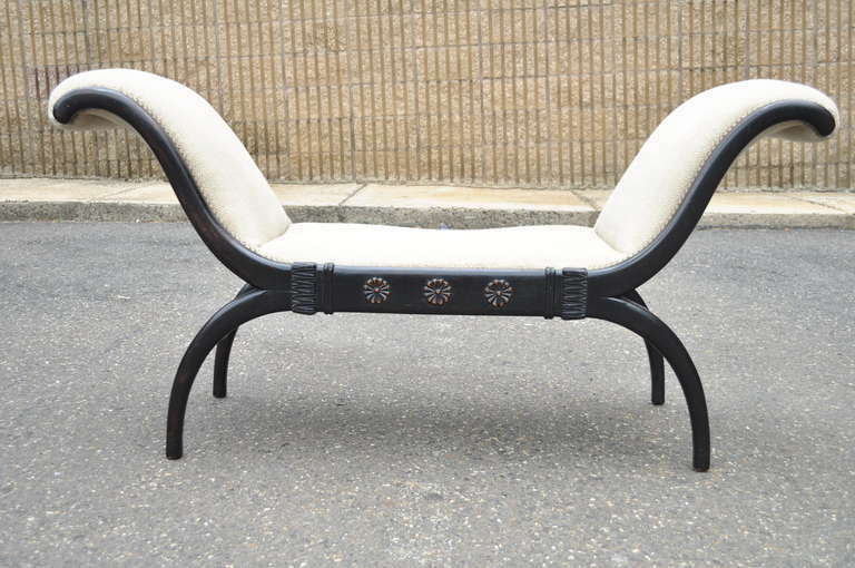 Vintage French Empire Style Hand-Carved Curule Upholstered X Frame Black Bench