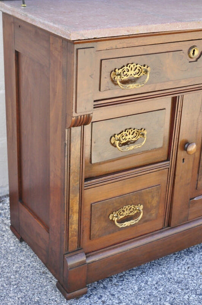 Antique Eastlake Victorian Walnut Washstand Commode with Marble Top Backsplash