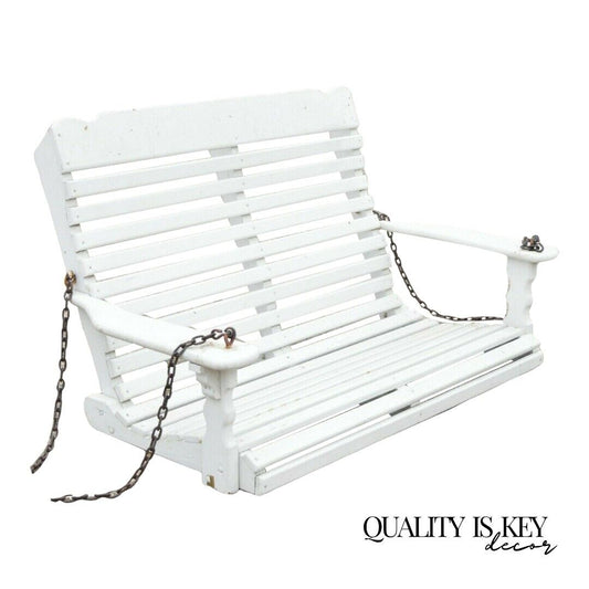 Vintage White Painted Wooden Slat Hanging Garden Patio Bench Love Seat Swing