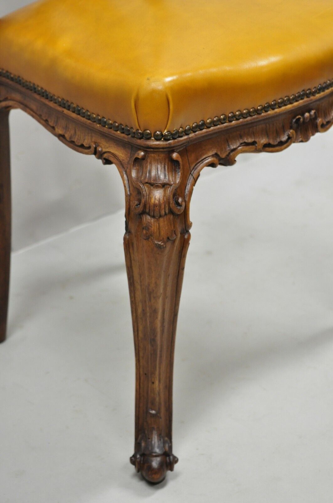 French Louis XV Carved Walnut Cabriole Leg Leather Upholstered Accent Side Chair