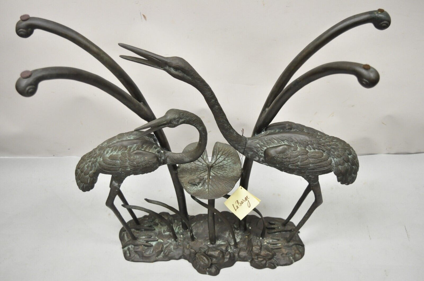 Labarge Bronze Crane Bird Lily Pad Glass Top Console Sofa Hall Table