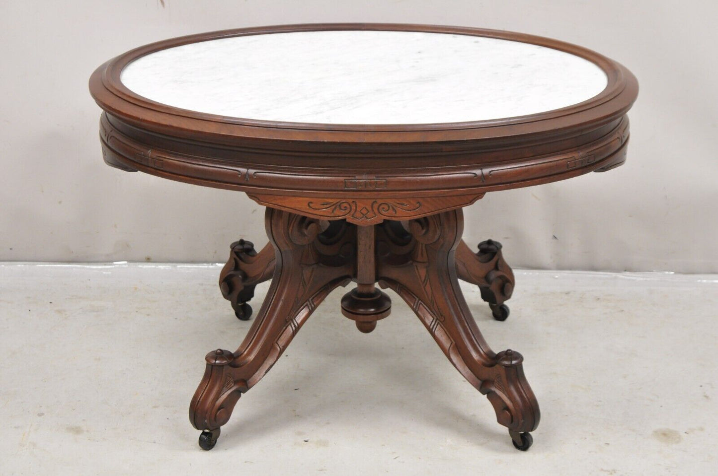 Antique Eastlake Victorian Carved Walnut Oval Marble Top Parlor Coffee Table