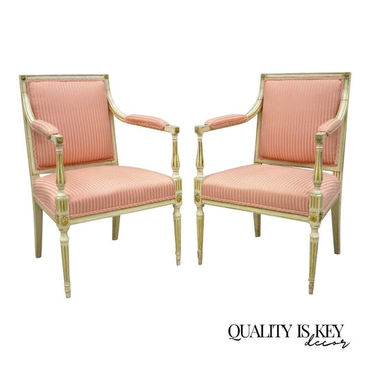 Pair Italian Neoclassical Parcel Gilt Cream Louis XVI Directoire Arm Chairs (B)