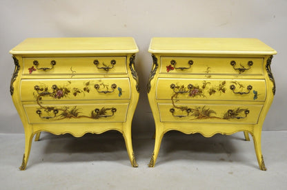 French Louis XV Style Yellow Butterfly Painted 3 Drawer Nightstands - a Pair