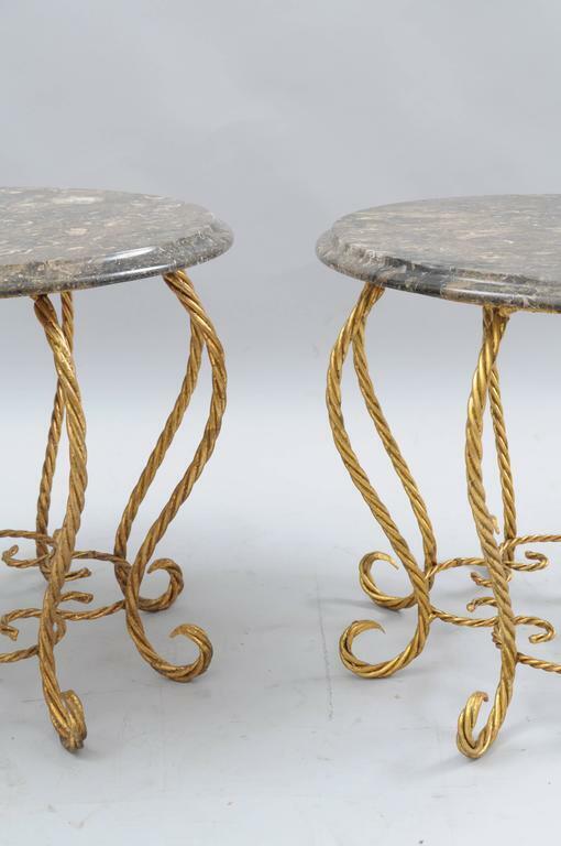 Pair Italian Hollywood Regency Gold Gilt Iron Rope Round Marble Top Low Tables