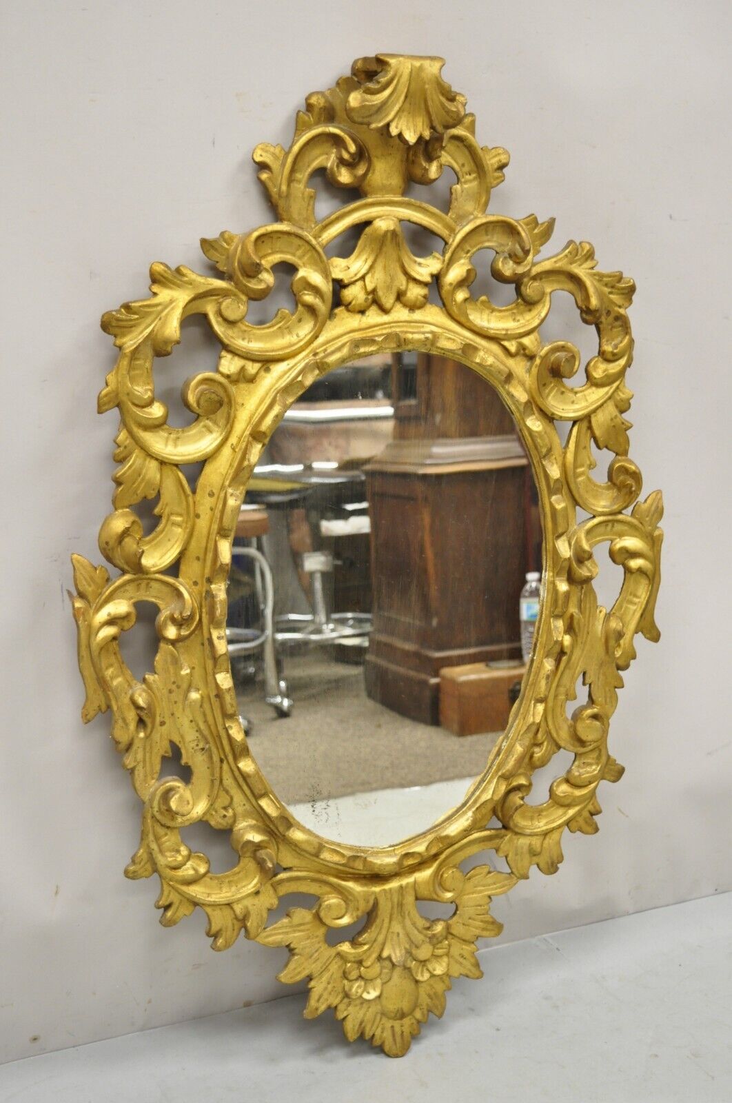 Vintage Italian Carved Wood Gold Gilt French Rococo Style Wall Mirror