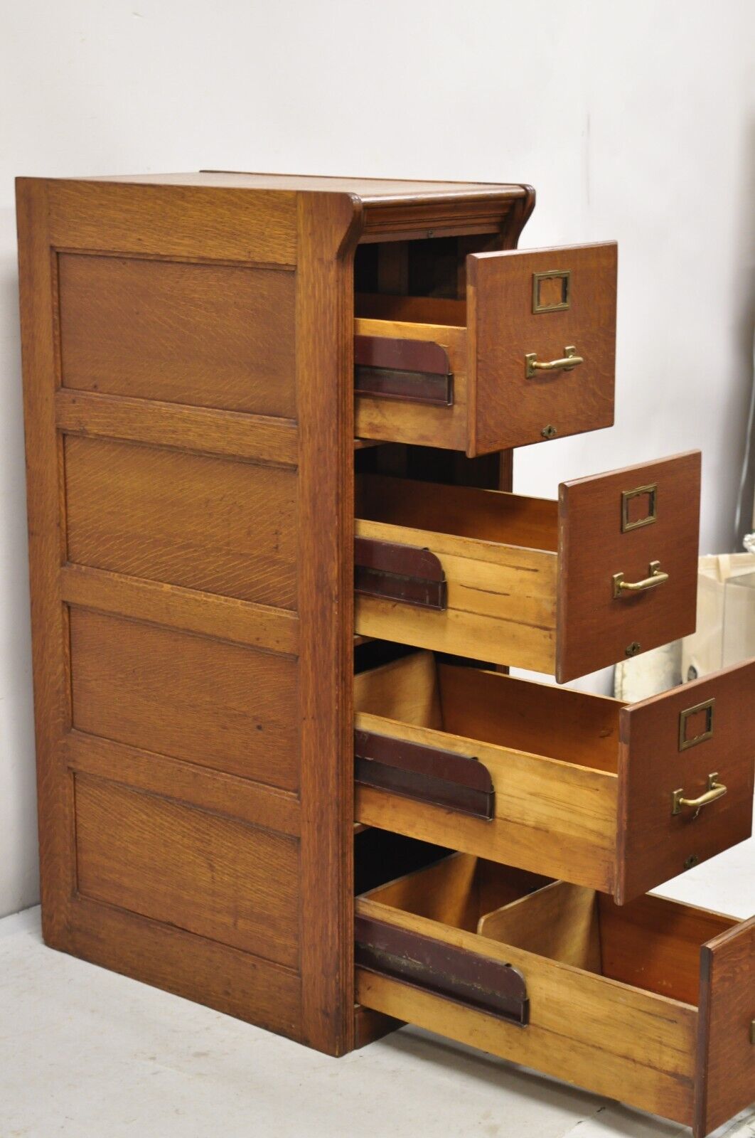 Antique Mission Oak Wood Four Drawer Vertical 29" Deep Office File Cabinet