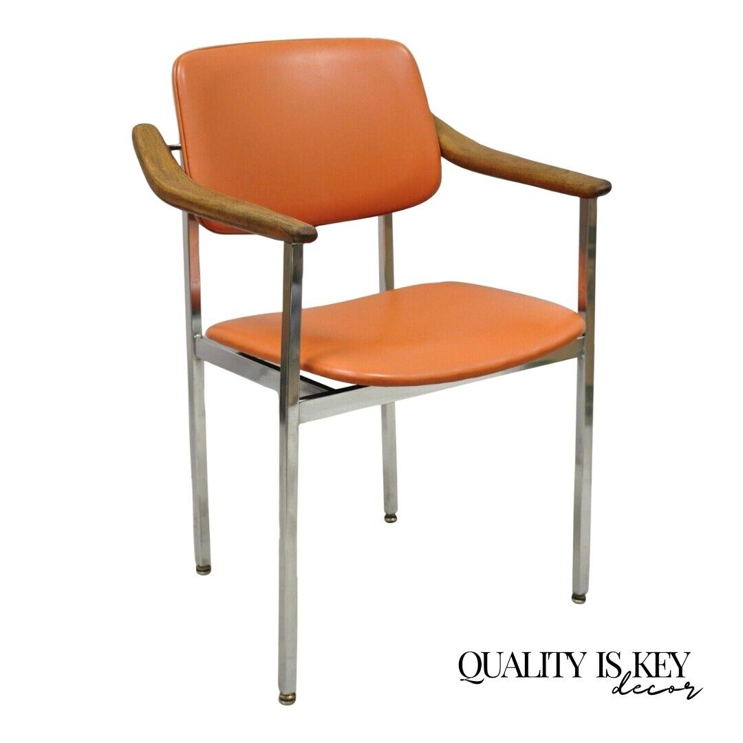 Vintage Mid Century Modern Orange Chrome Frame Sloped Wooden Arm Chair