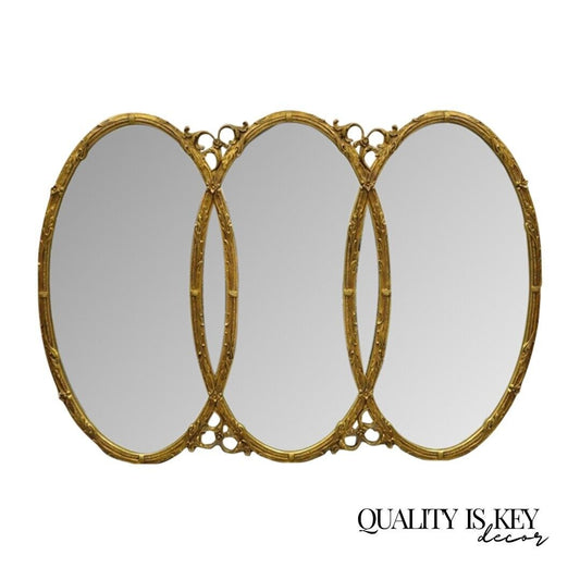 Hollywood Regency Rococo Triple Oval Ring Gold Triptych Interlocking Mirror