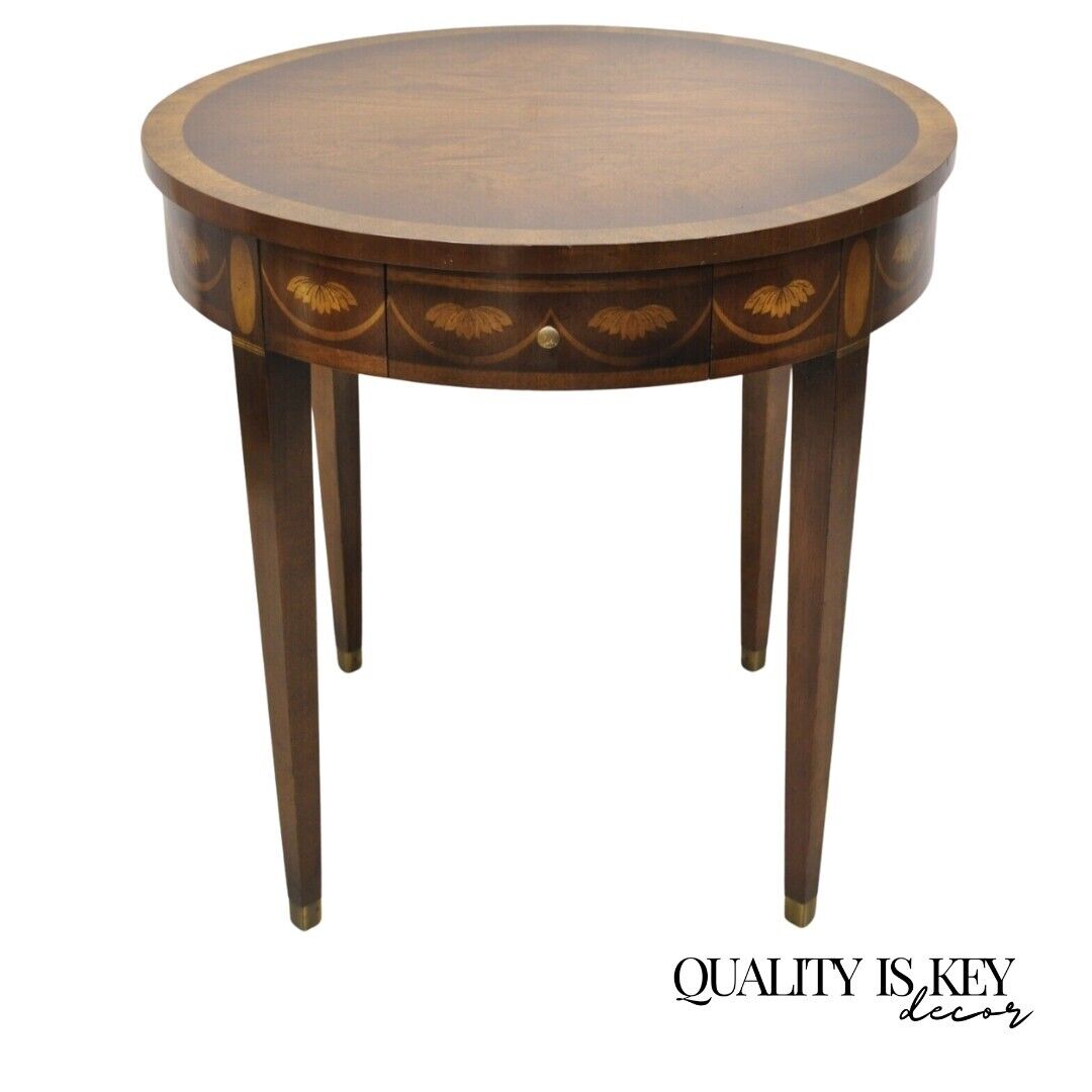 Federal Style Round Banded Mahogany Inlaid Accent Table 2 Drawers 2 Pull Outs