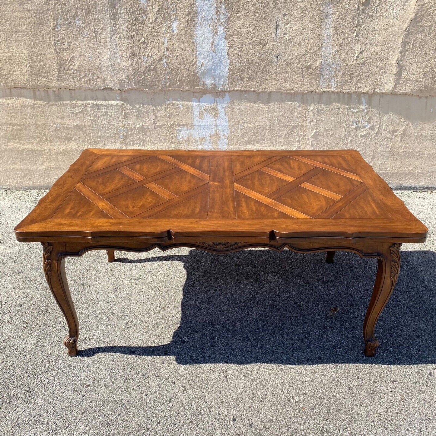 French Country Provincial Style Walnut Parquetry Inlay Extension Dining Table