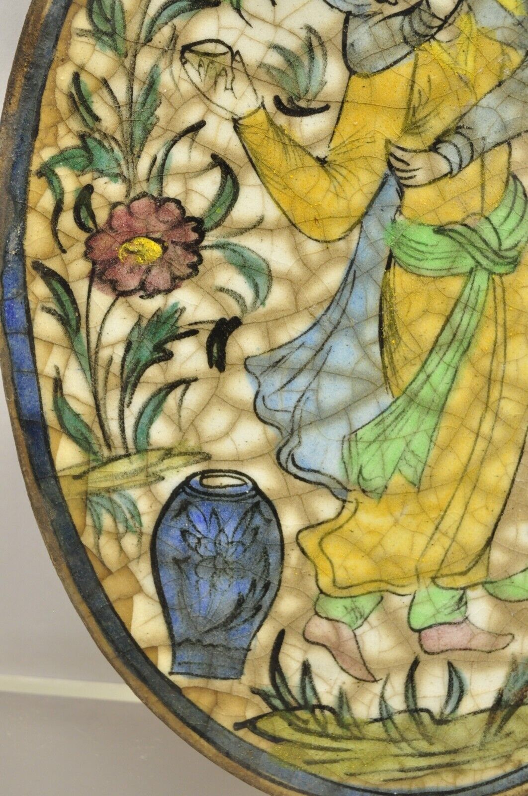 Antique Persian Iznik Qajar Style Ceramic Pottery Oval Tile Yellow Couple C3