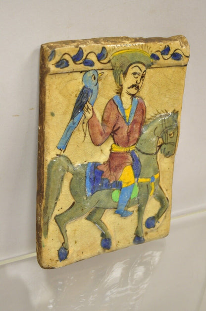 Antique Persian Iznik Qajar Style Ceramic Pottery Tile Horse Rider Blue Bird C5