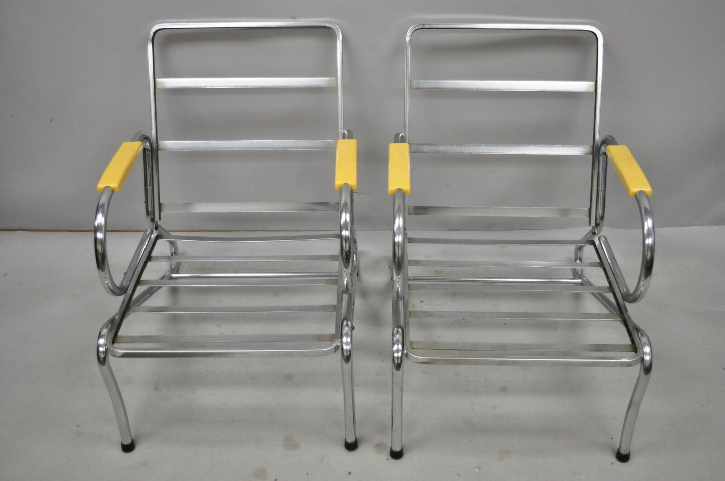 Pair Art Deco Tubular Chrome Yellow Vinyl Club Lounge Arm Chairs Attr. Lloyd Mfg