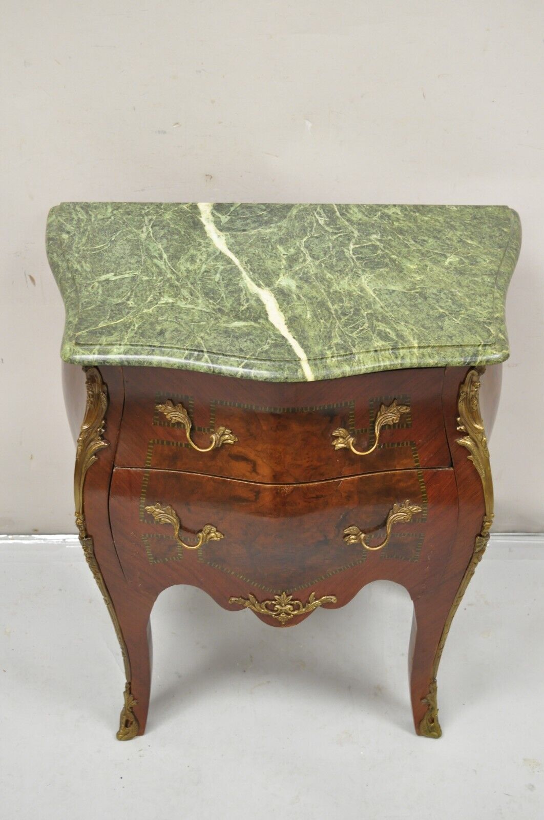 Vintage French Louis XV Style Green Marble Top Bombe 2 Drawer Nightstand