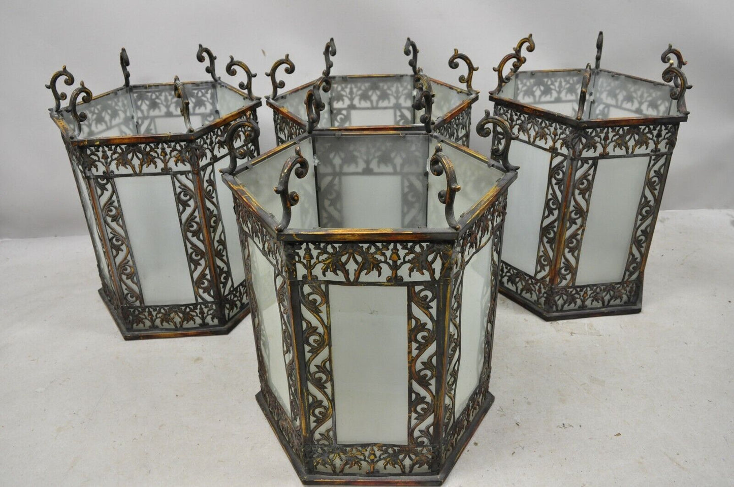 Art Nouveau Slag Glass Hexagonal Gilt Metal Pendant Light Chandelier Fixture