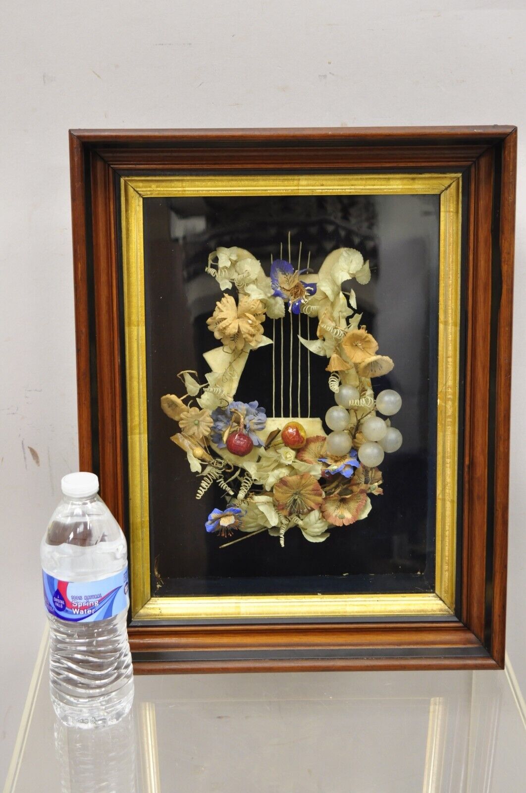 Antique Victorian Harp Design Flower Mourning Wreath Mahogany Shadow Box Frame