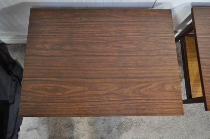 Vtg Pair Mid Century Modern Cane Walnut Laminate Foster McDavid End Side Tables