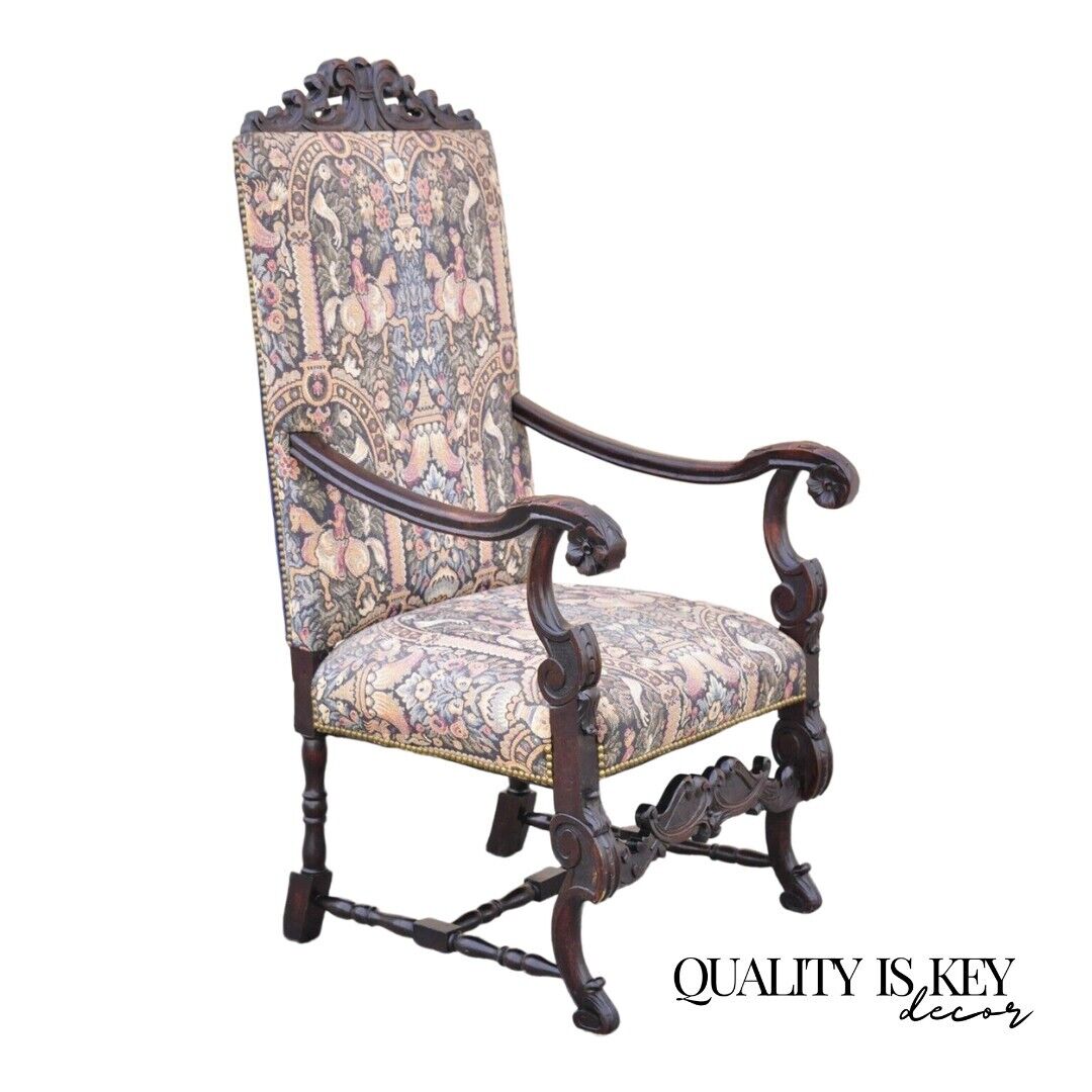 Antique Italian Renaissance Baroque Tapestry Throne Lounge Arm Chair