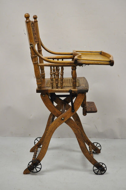 Antique Victorian Oak Wood Convertible Combination Baby High Chair Stroller