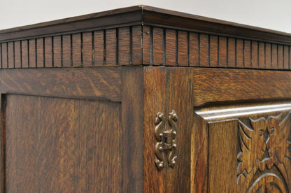 Antique Belgium Renaissance Jacobean Figural Carved Oak Large Wardrobe Cabinet