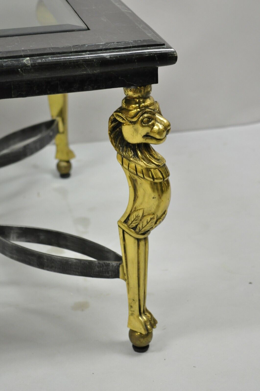 Italian Regency Style Brass Lion Marble Inlay Glass Top Steel Coffee Table