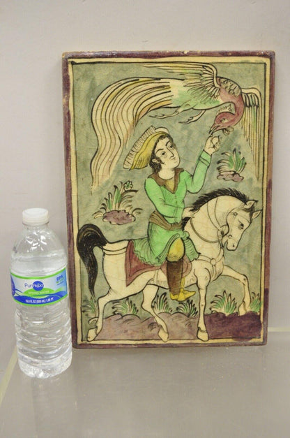 Antique Persian Iznik Qajar Style Ceramic Pottery Tile Green Horse Rider Bird C2