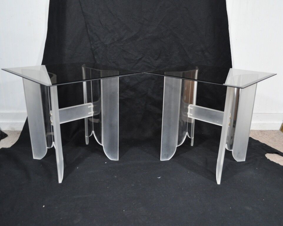 Vintage Pair Mid Century Modern Frosted Lucite & Glass Butterfly End Side Tables