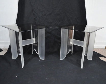 Vintage Pair Mid Century Modern Frosted Lucite & Glass Butterfly End Side Tables