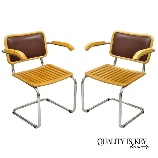 Marcel Breuer Cesca Chair Cantilever Chrome Frame Wood Seat - a Pair