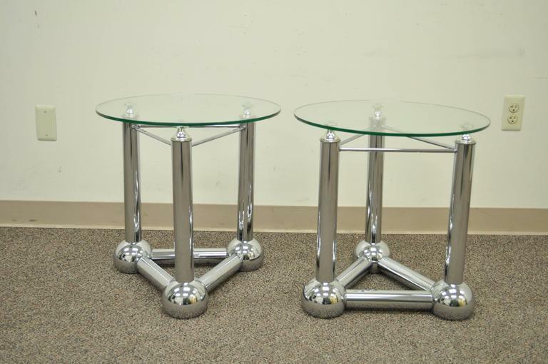 Pair Mid Century Modern Chrome Ball Orb Atomic Era Round Glass Side End Tables