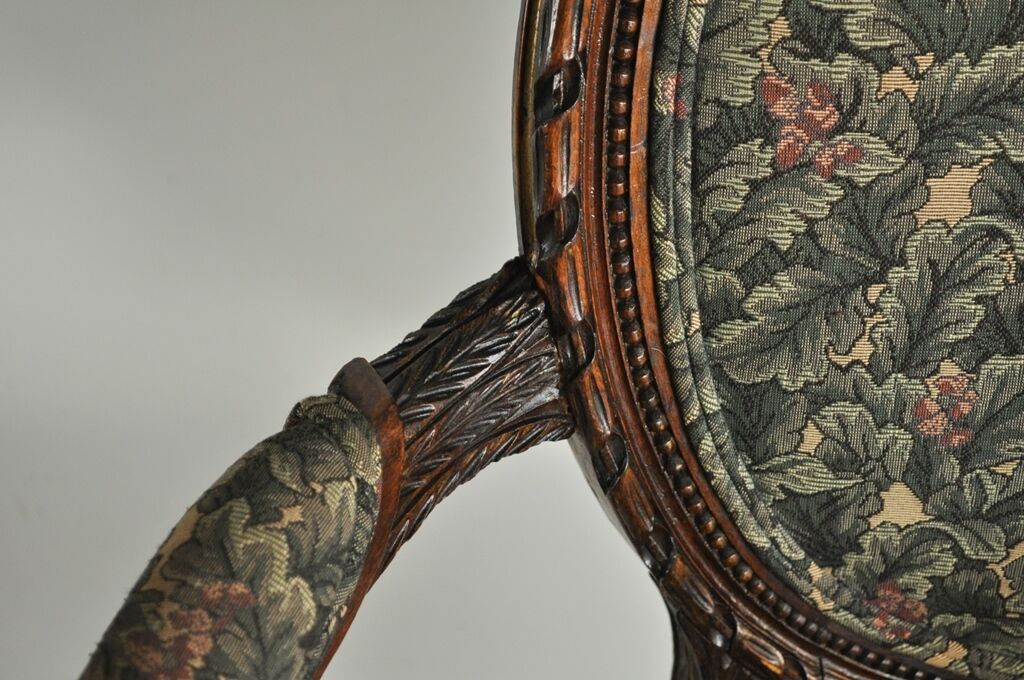 Vintage French Louis XVI Style Carved Walnut Fireside Arm Chair Fauteuil