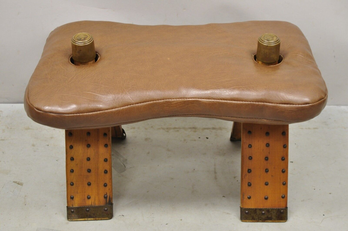 Vintage Moroccan Style Brown Vinyl Wooden Camel Saddle Ottoman Stool