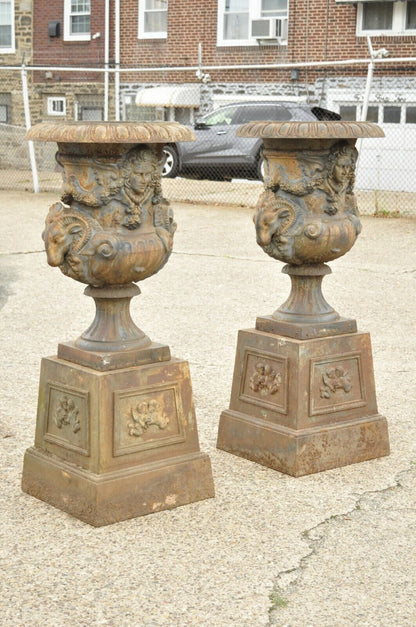 French Empire Regency Large Cast Iron Rams Head Garden Urn Planters - a Pair
