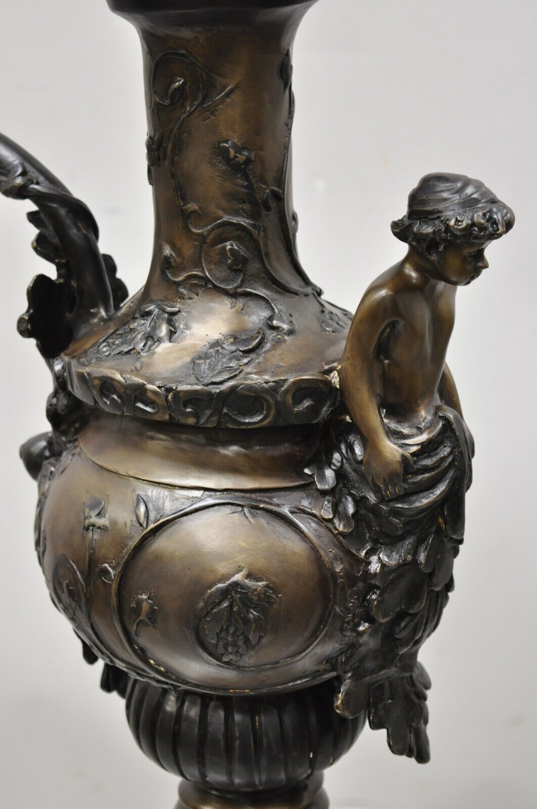 20th Century French Empire Style Large Figural Bronze Urn Ewer Vase with Cherub