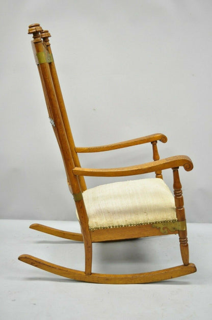 Antique Victorian Oak Wood Arts & Crafts Rocker Rocking Chair with Brass Accents