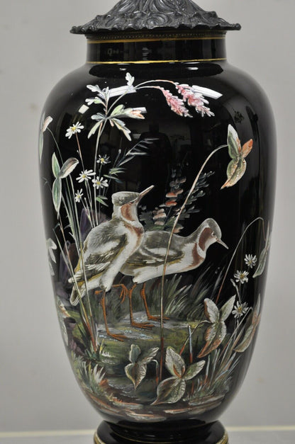 Chinese Chinoiserie Porcelain Ceramic Black Jardiniere Bird Painted Table Lamp