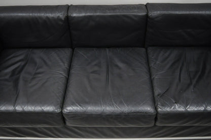 Vintage Le Corbusier LC2 Style Black Leather Mid Century 3 Seat Chrome Sofa