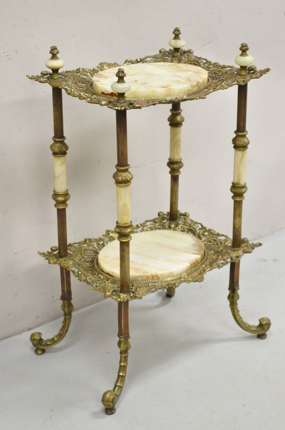 Antique French Victorian Bronze 2 Tier Onyx Stone Plant Stand Accent Table