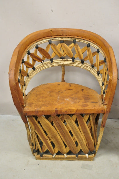 Vintage Brown Leather and Cedar Wood Mexican Equipale Barrel Club Chairs a Pair