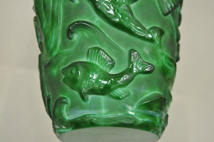 Vintage Art Deco Green Glass "Malachite" Bird and Fish Vessel Vase