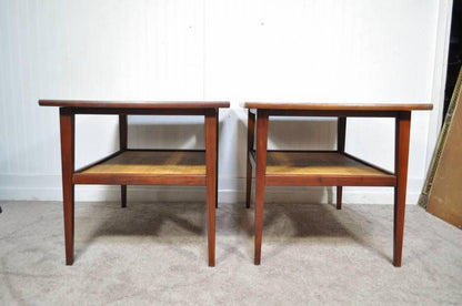 Vtg Pair Mid Century Modern Cane Walnut Laminate Foster McDavid End Side Tables