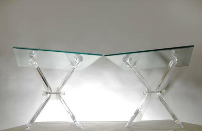 Pair of Mid Century Modern Lion in Frost Lucite Butterfly Glass Top End Tables