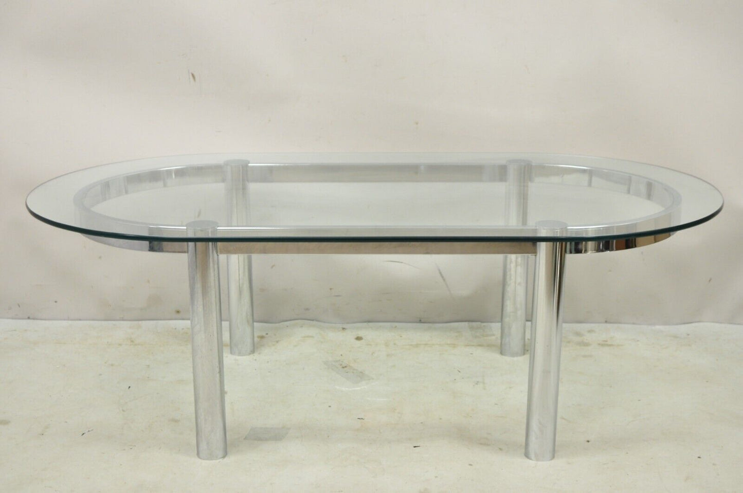 Vintage Chrome Tubular Mid Century Modern Space Age Oval Glass Coffee Table